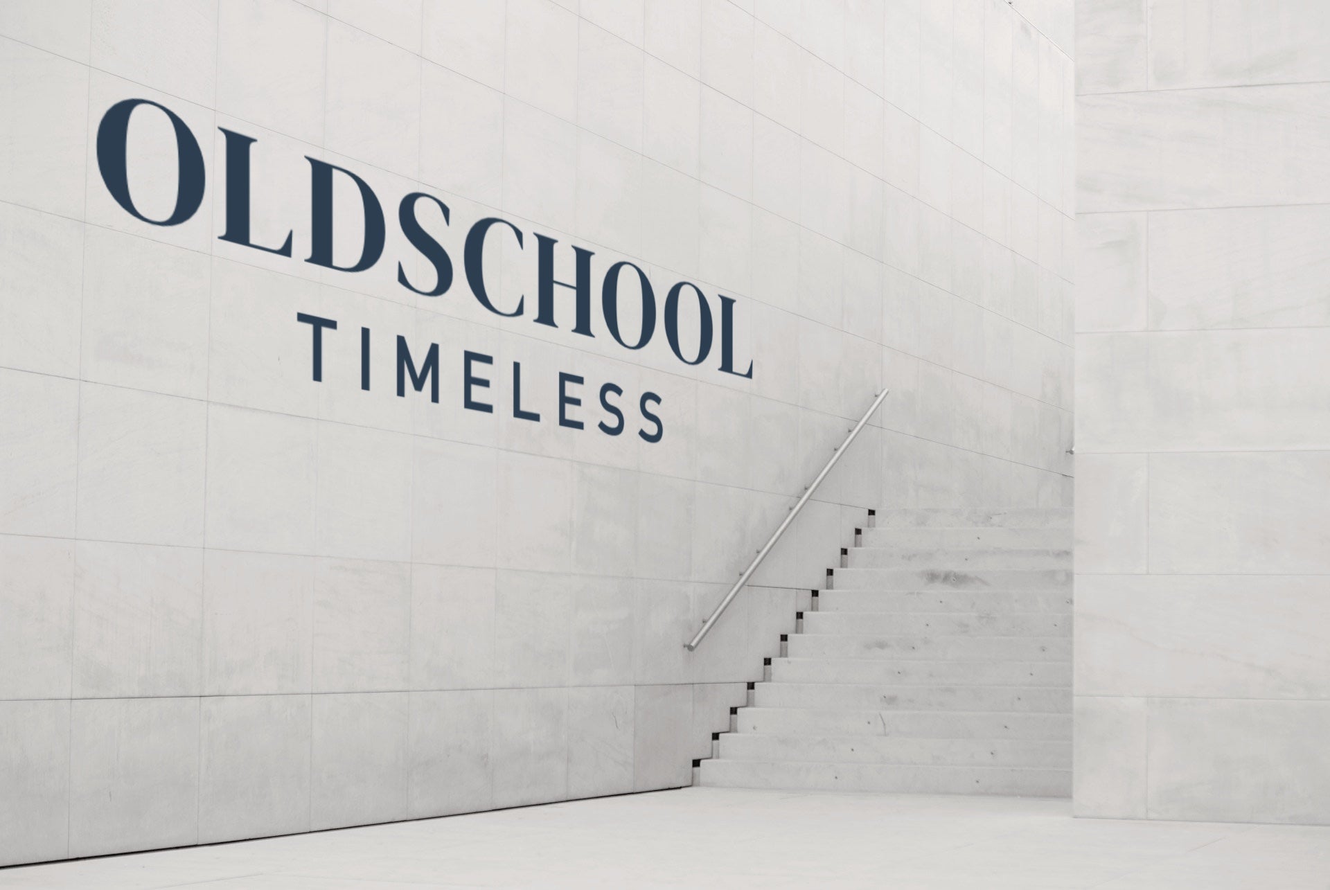 Blick auf moderne Steinwand mit Oldschool Timeless Logo
