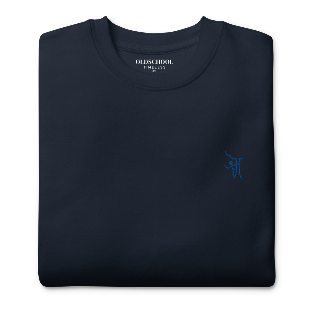 OT Essential Autumn Pullover, Ansicht von oben simpler, gefalteter navy blauer Pullover